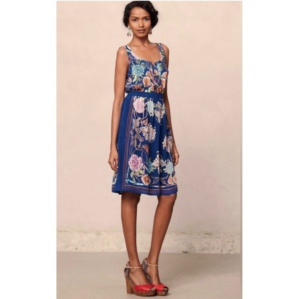Moulinette Soeurs Anthropologie Silk Floral Print Dress Small Blue Sleeveless